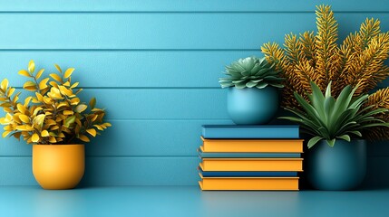 A stack of books sitting on top of a table next to two potted plants