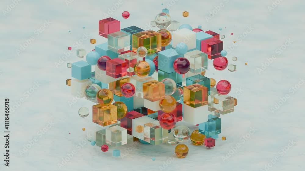 Poster loop 3d animation of an array, clouds of glass cubes and spheres that appear and disappear. an abstr