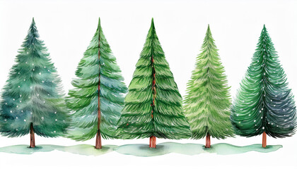 Fototapeta premium Watercolor painting set of green Christmas trees. Hand drawn art for poster or postcard.