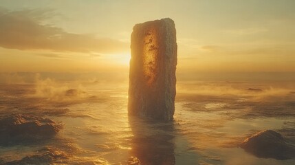 Sunrise illuminating translucent ice monolith in misty water.