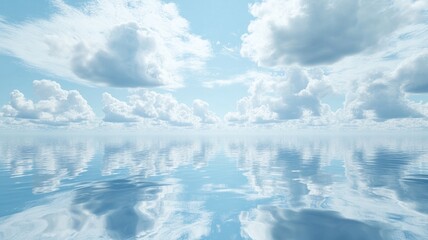 Fototapeta premium Serene sky with fluffy clouds reflecting over calm, vast ocean
