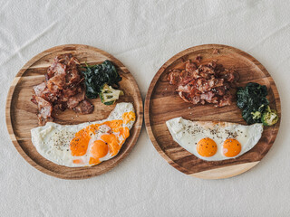 High protein keto diet breakfast meal of bacon spinach and eggs.