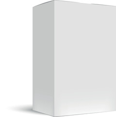 Realistic white cardboard box mockup casting a soft shadow on a clean white background, ideal for presenting packaging designs and enhancing brand visibility in marketing materials