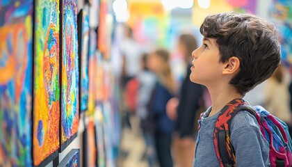 Young Artist Observing Vibrant Artwork at Exhibition with Curious Expression in Colorful Environment