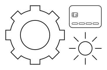 Gear cogwheel, credit card with chip, and sun icon. Ideal for financial tech, innovation, banking, technology, engineering digital payments and user interface concepts. Line metaphor