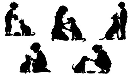 Stylish silhouettes set of children with cat and dog