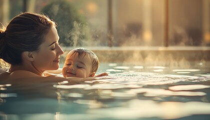Serene Mother and Baby Moment in a Tranquil Water Setting During a Calm Evening