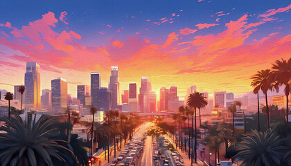 Los Angeles skyline sunset traffic palm trees line avenue illustration oil painting. Suitable for travel blog, Californiathemed website, city guide brochure, urban landscape poster.