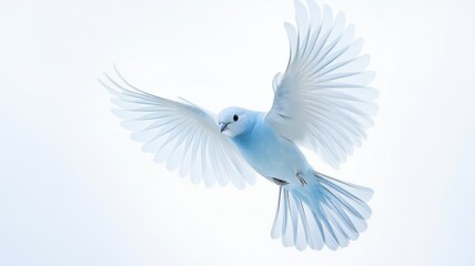 Obraz premium Light blue bird with outstretched wings flying against white background