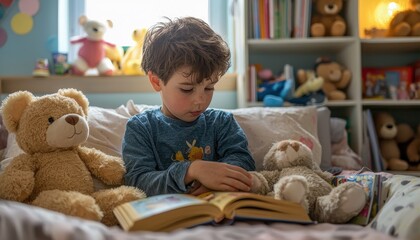 Obraz premium A Young Child Reading a Storybook Surrounded by Stuffed Toys in a Cozy Room Setting