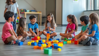 Group of Children Engaged in Playful Learning with Colorful Building Blocks in a Bright Classroom Setting