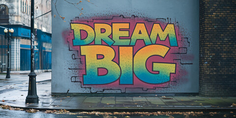 "Dream Big" graffiti in vibrant blue, yellow, and pink spray paint on an urban wall, with bold typography surrounded by a city street setting and scattered leaves.

