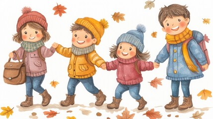 Happy children holding hands, walking in autumn.