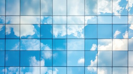 Reflection of clouds in a glass building facade, showcasing modern architecture.