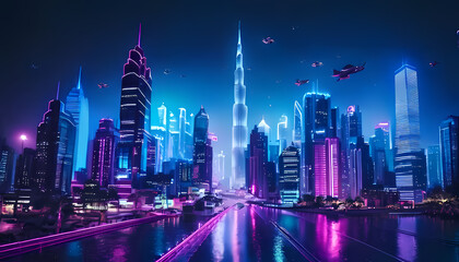 Obraz premium Neonlit futuristic city skyline with flying vehicles at night. Perfect for backgrounds, futuristic concepts, and scifi designs.