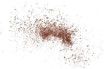 Instant coffee granules flying, soluble coffee isolated white clipping, top view	