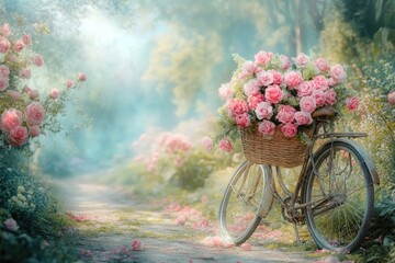 Fototapeta premium Vintage bicycle with basket of pink roses parked on dreamy, floral garden path