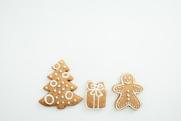Homemade ginger cookies on white. Christmas festive sweet cookie
