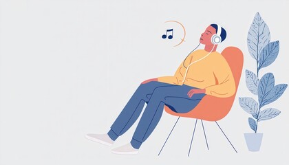 Obraz premium Person Sitting in a Chair Listening to Music with Headphones and Relaxing in a Calm Environment