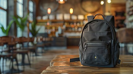 Obraz premium A black school bag sits on a wooden table in a classroom with blur background by AI generated image.