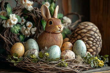 Handmade bunny and colorful egg Easter decorations for spring