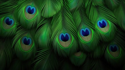 Obraz premium This close-up captures the stunning beauty of peacock feathers, showcasing vibrant green and blue hues along with intricate patterns against a natural backdrop