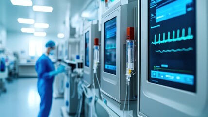 Fototapeta premium Innovation treatment methods, A futuristic infusion center using automated systems to administer complex therapies.