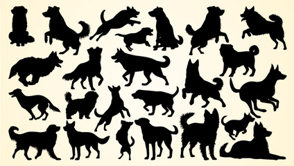 Obraz premium Silhouettes of dogs in various poses, capturing playful, active, and attentive behaviors.