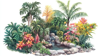 Lush tropical garden with waterfall and vibrant flowers.