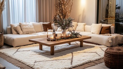 Soft textiles and warm lighting create a serene atmosphere in this Scandinavian living room. Natural decor elements enhance the comfort, inviting relaxation and leisure