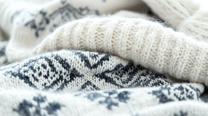 Soft, white fabric with traditional dark patterns and detailed knitting