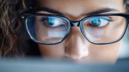 Fototapeta premium A concentrated individual wearing glasses is captured intensely gazing at a computer screen, reflecting focus, determination, and modern technology's immersive nature.