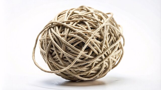 Tangled ball of used string on white background