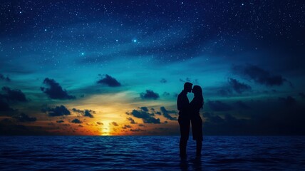 Obraz premium A romantic silhouette of a couple embracing against a stunning sunset over the ocean, with twinkling stars above.