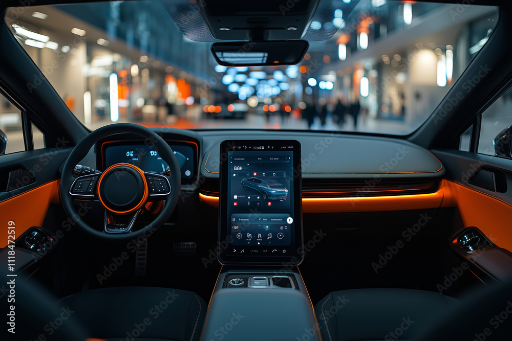 Wall mural futuristic car app design displayed on a split-screen interface in urban setting