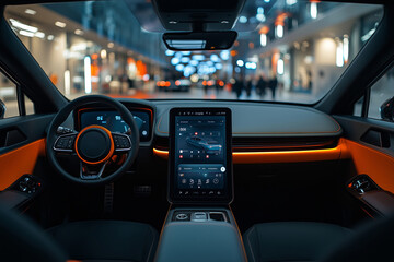 Futuristic car app design displayed on a split-screen interface in urban setting