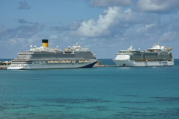 Modern mega family cruiseship cruise ship liner Firenze docked at pier near Hamilton, Bermuda on...
