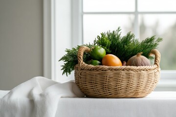 farmhouse decor, a basket of fresh fruits and vegetables on a rustic table in a sunlit scandinavian barn with large windows and festive decorations