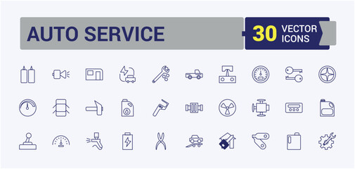 Auto Service line icons set. Includes icons for automotive, mechanic, key, isolated, garage and more. Simple icon designs. Editable stroke. Vector illustration.