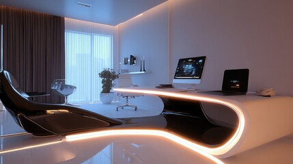 Futuristic home office with sleek technology and glowing LED accents