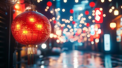 Fototapeta premium Chinese New Year Red Paper Lanterns Glowing Against Night Sky Creating Festive and Cultural Atmosphere