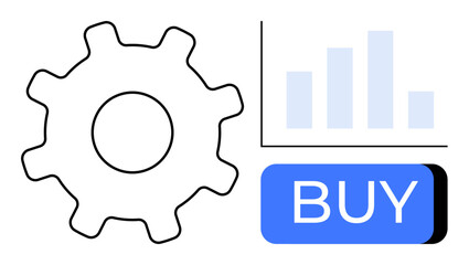 Gear icon, bar graph, and a Buy button depicting online purchase mechanism and data analysis. Ideal for e-commerce, online shopping, analytics, marketing, web development, business strategy