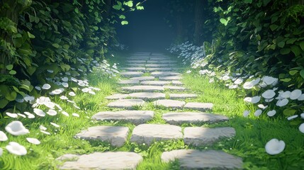 Serene pathway through lush greenery nature imagery tranquil environment surreal perspective
