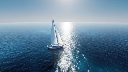 Fototapeta premium A serene sailboat gliding over calm ocean waters under sunlight.