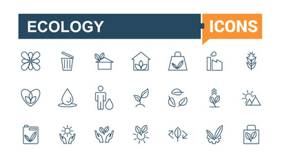 Ecology line icons set. Containing nature, organic, energy, natural, green power, renewable, wind power. Simple icon designs. Editable vector stroke.