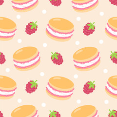Seamless Pattern with Raspberry Macarons and Berries