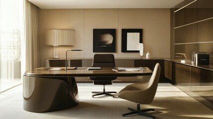 Minimalist home office with a sleek desk, ergonomic chair, and neutral color palette