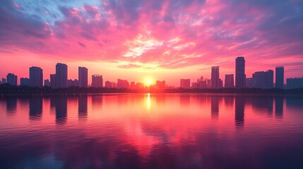 Fototapeta premium City of eternal sunrise, where the sun never sets and the skies are forever painted with hues of pink and orange