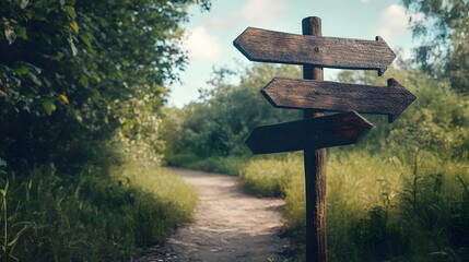 A rustic signpost with two arrows pointing in different directions, set against a scenic backdrop of greenery and a dirt path.