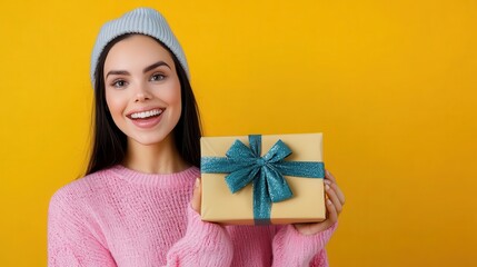 A young, joyful woman in a pink sweater smiles widely while holding a beautifully wrapped gift, symbolizing warmth, generosity, and the essence of giving on a vibrant backdrop.
